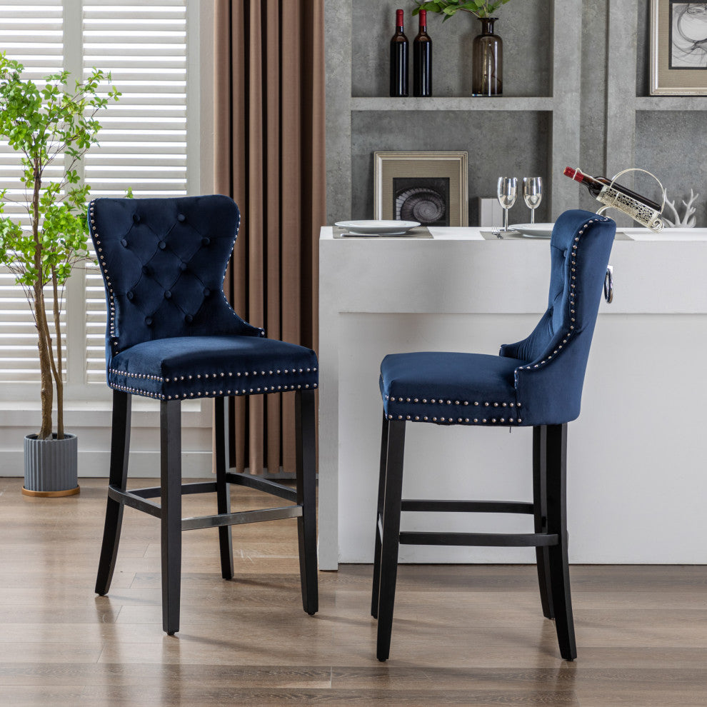 WestinTrends 2PC 29" Wingback Diamond Tufted Glam Velvet Bar Stool Set, Black, Velvet Navy Blue