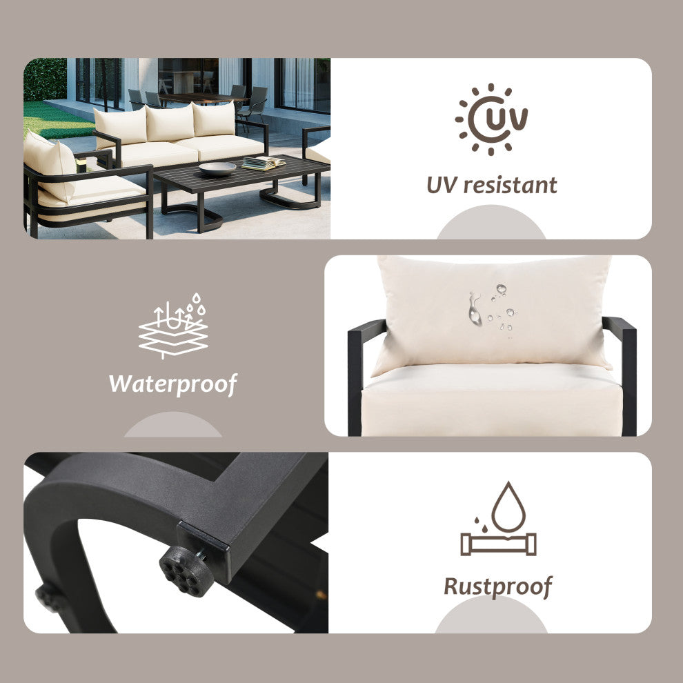 4-Piece Outdoor  Steel Patio Sectional with Table and Cushions, Beige