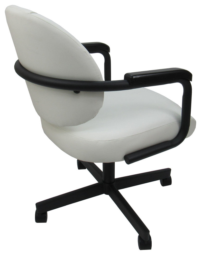Glass Dinette Set M-70 Swivel Caster Chairs, White Vinyl - Black