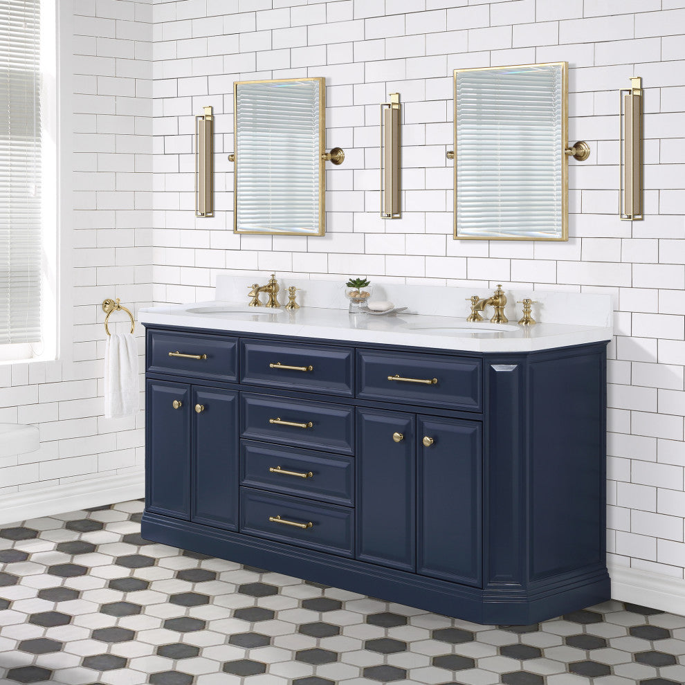 Palace 72" Double Sink White Quartz Top, Faucet, Mirror, Blue, F2-0013 Faucets