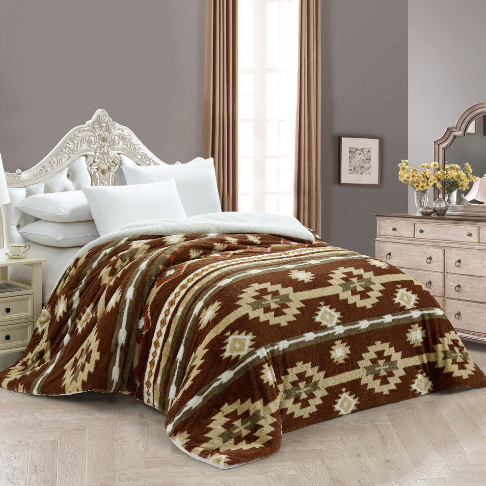 Southwest Blanket With Sherpa Backing, 90"x96", Coffee