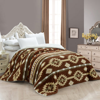 Southwest Blanket With Sherpa Backing, 90"x96", Coffee