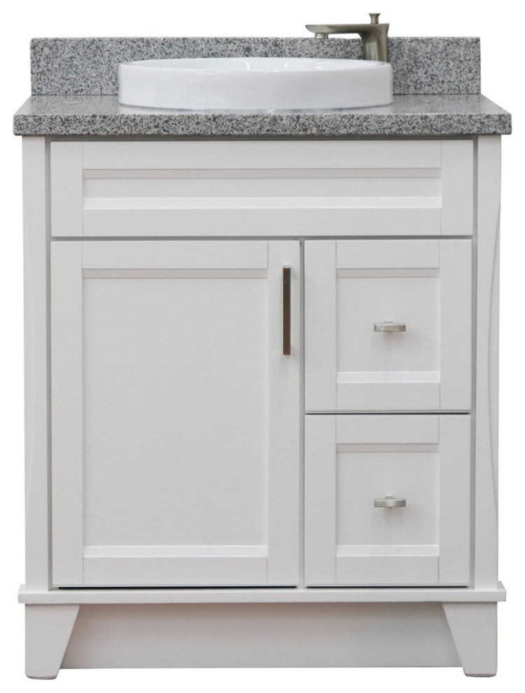 31" Single Sink Vanity, White Finish With Gray Granite With Round Sink