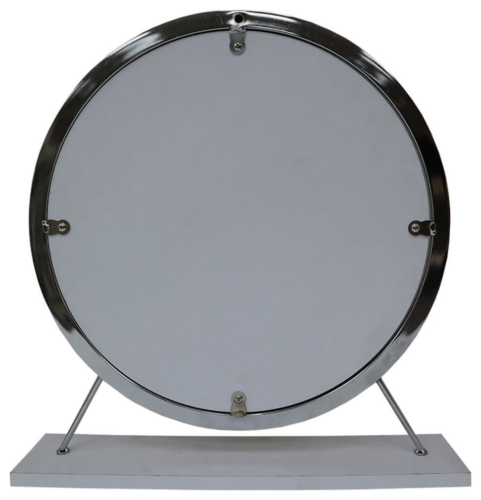 Benzara BM278981 Rose Round Vanity Mirror With Stool, Faux Fur Seat, Gray, White