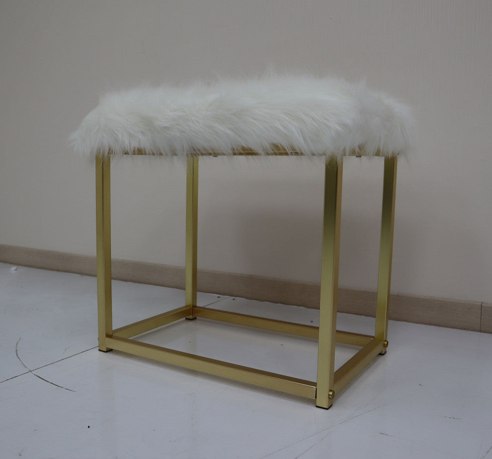 ACME Adao Vanity Mirror and Stool, Faux Fur, Mirror, Pink and Gold Finish