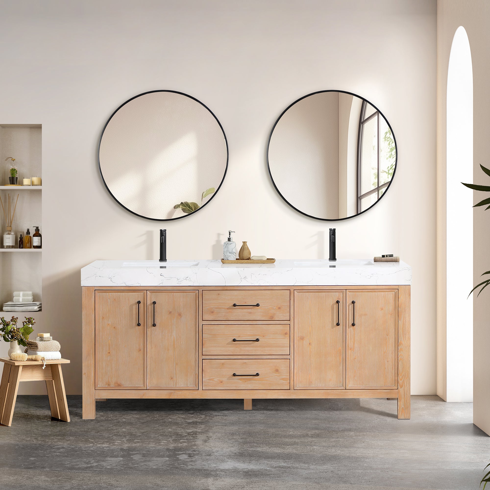 Leon Bath Vanity With Composite Stone Top, Fir Wood Brown, 72", With Mirror