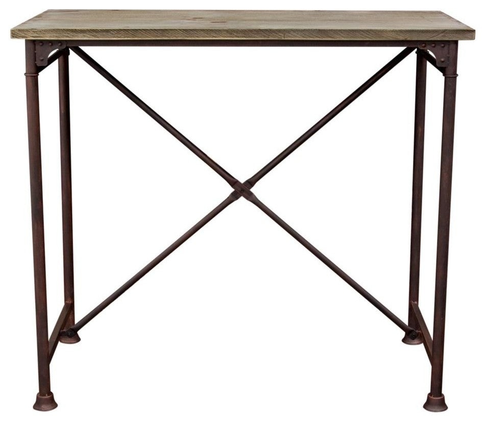 Industrial Style Pine Wood Rectangular Bar Table with Distressed Iron Base Brown