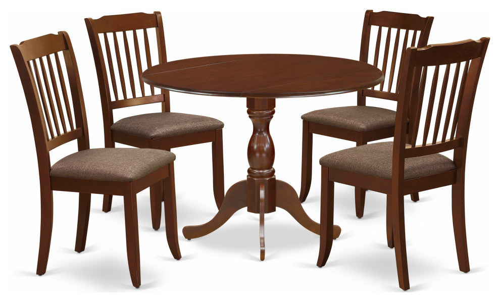 5Pc Wood Dining Set, 1 Drop Leaves Table, 4 Mahogany Chairs, Mahogany Finish