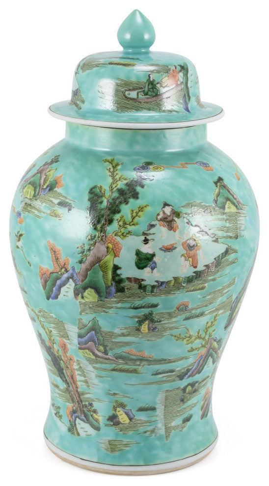 Chinoiserie Green Landscape Temple Jar