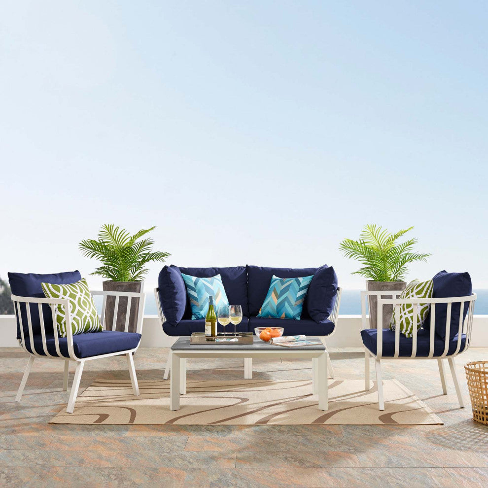 Lounge Sectional Sofa Chair Set, Aluminum, Metal, White Blue Navy, Outdoor
