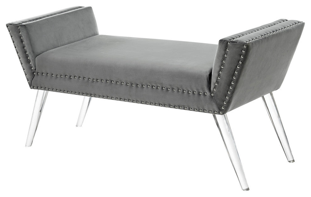 Minelly Velvet Modern Contemporary Nailhead Trim Acrylic Legs Bench, Gray