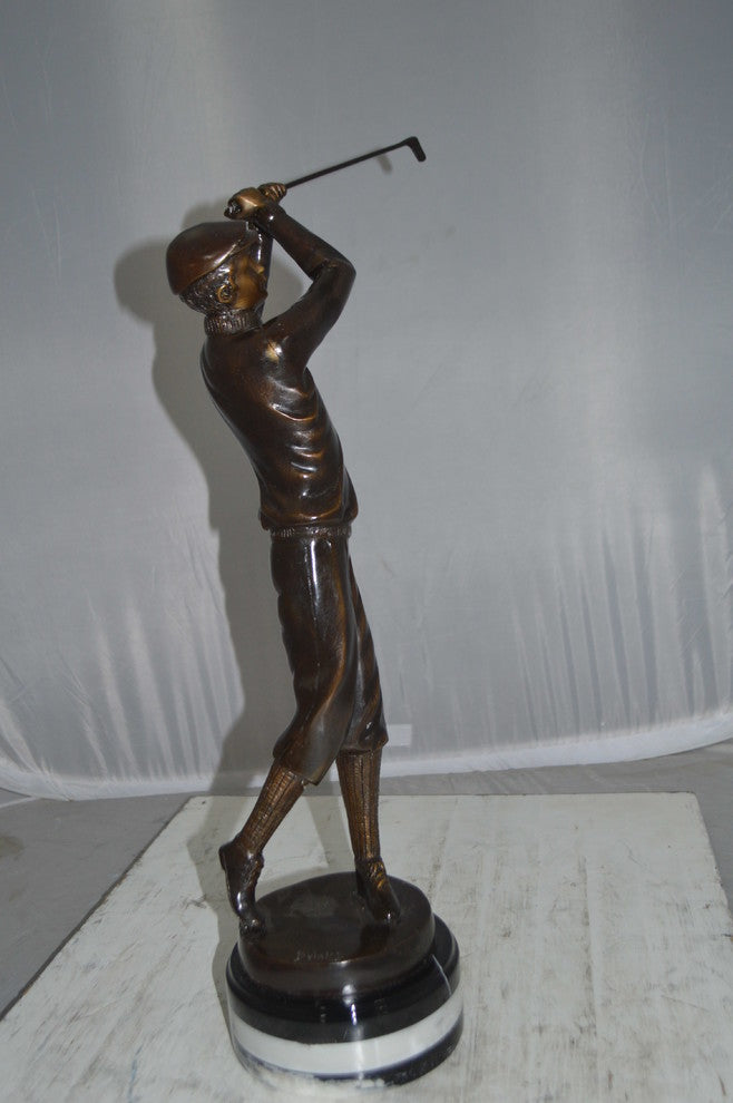 Golfer on Marble Bronze Statue -  Size: 8"L x 8"W x 22"H.