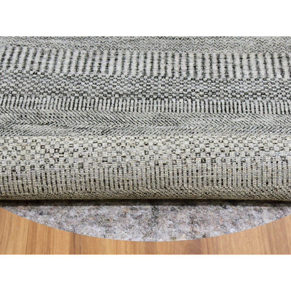Perfect Gray Undyed Wool Modern Grass Design Hand Knotted Round Rug, 6'1"x6'