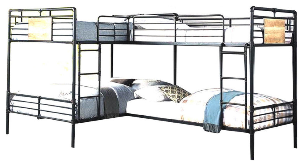 Benzara BM266441 Twin over Full Bunk Bed With Guard Rails, Black and Dark Bronze