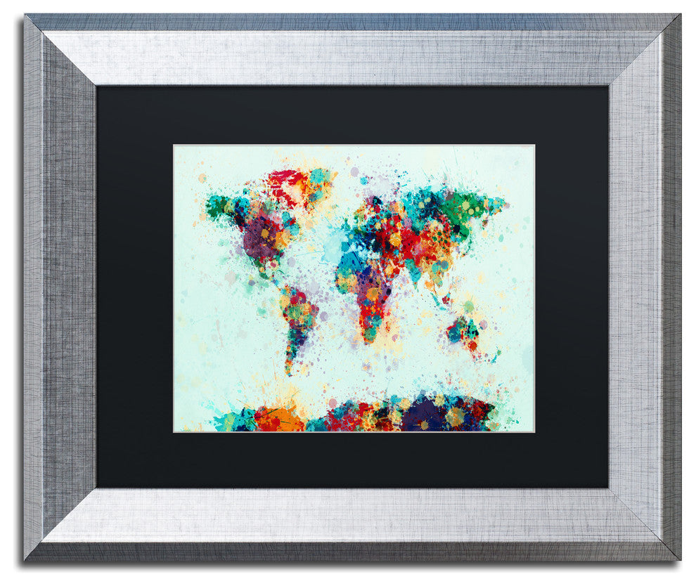 Michael Tompsett 'World Map Paint Splash' Matted Framed Art, Black Mat, 14"x11"