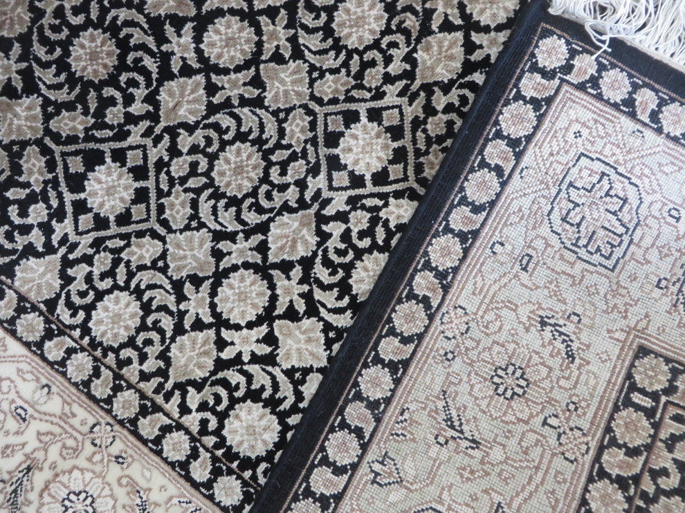 4x6 Handmade Black Fine Herati Tabriz Oriental Rug With Silk