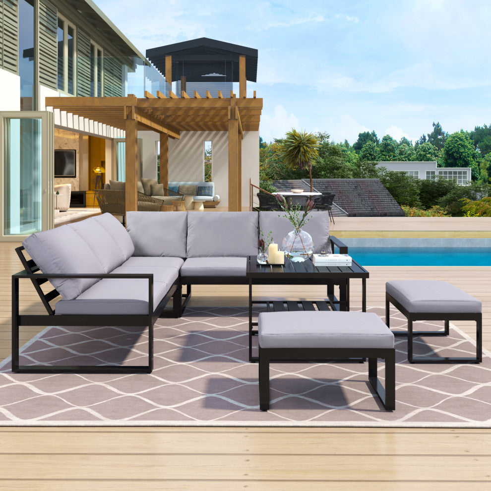 6-Piece Outdoor Steel Industrial Style Patio Sofa Combination Set With Table, Dark Gray