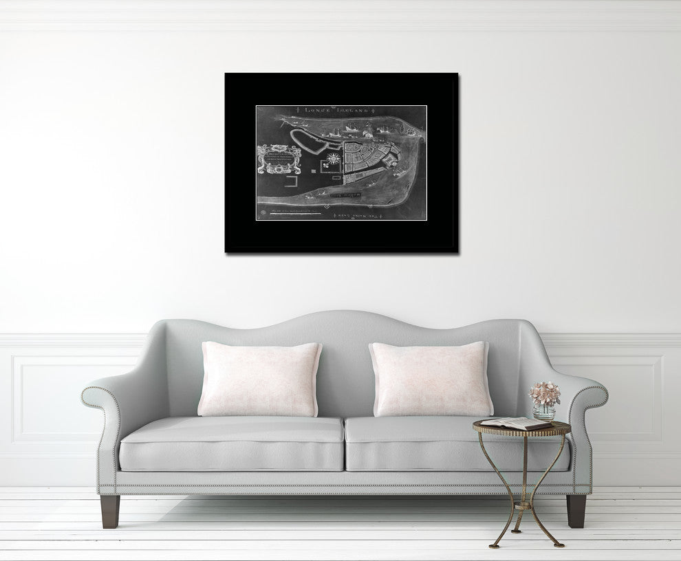 New York Monochrome Map Print On Canvas With Black Custom Frame, 16" X 21"