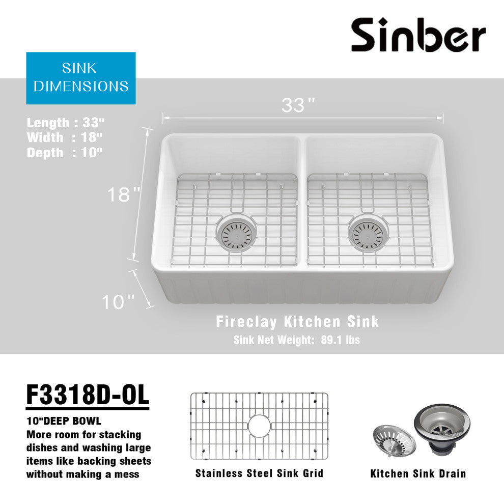 Sinber 33" Farmhouse Apron Double Bowl Kitchen Sink with Fireclay White