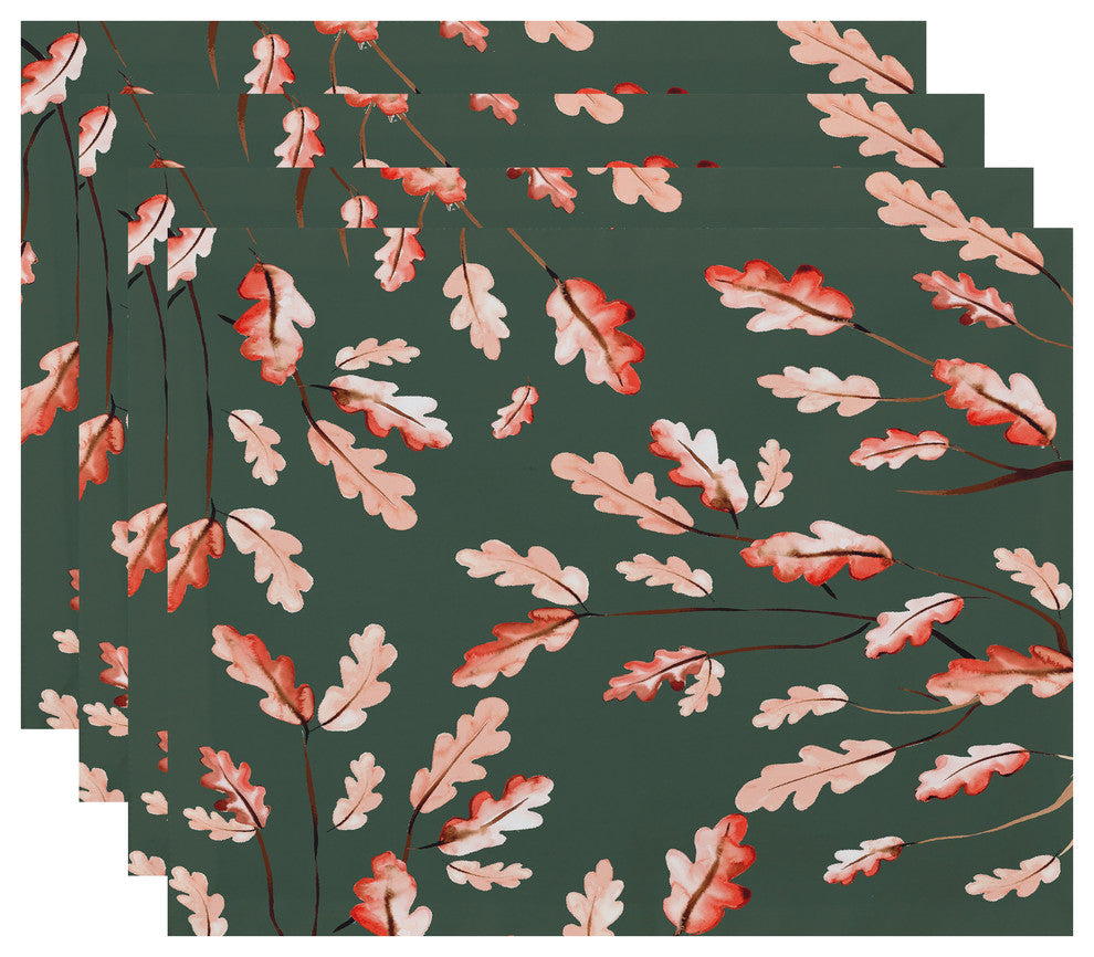 Wild Oak Leaves 18"x14" Dark Green Floral Print Placemat, Set of 4
