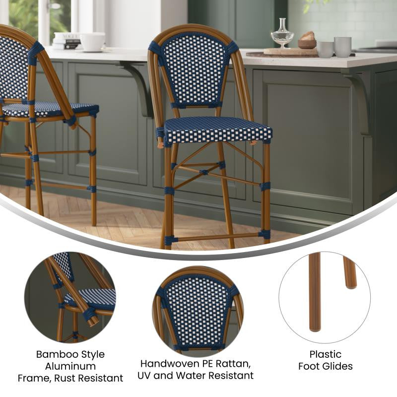 Set of 2 Stackable Indoor/Outdoor French Bistro 26" High Bar Stools, Navy & White/Natural Frame