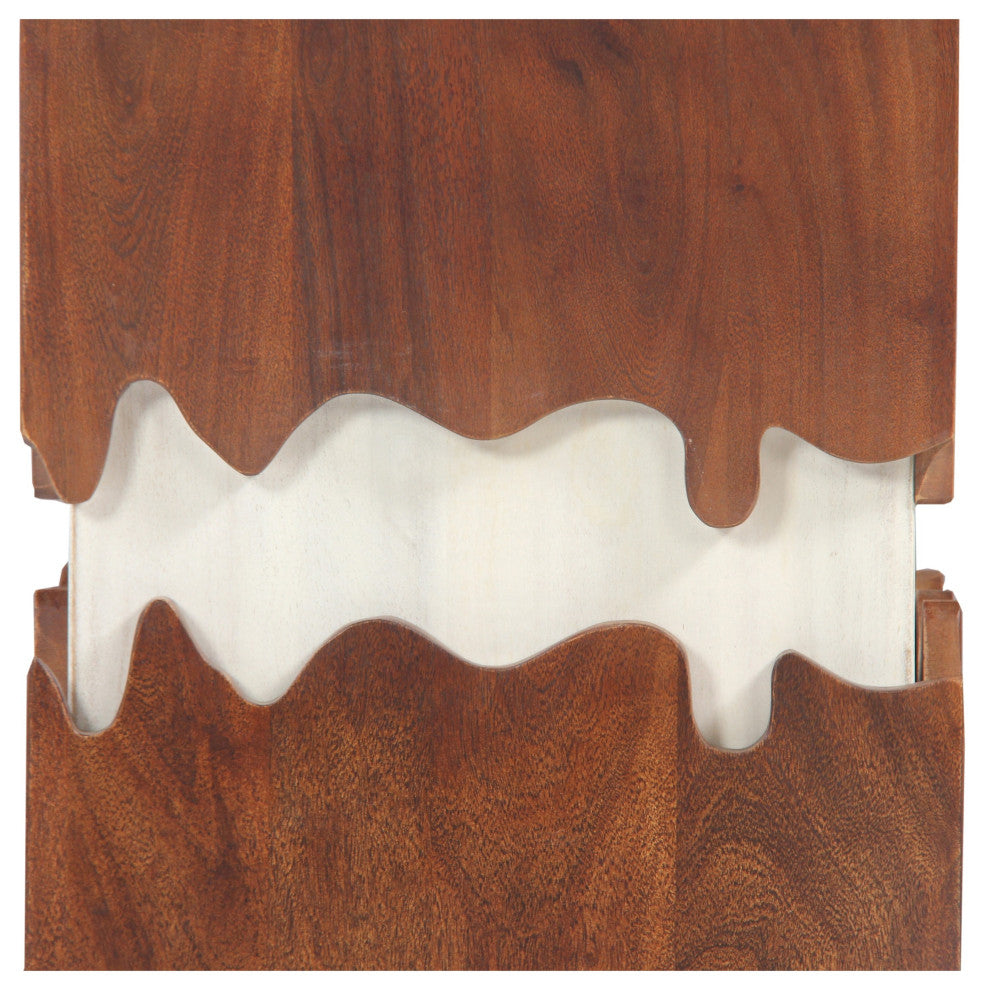 Benzara UPT-270550 Acacia Wood Side End Table, Block Pedestal, Walnut, White