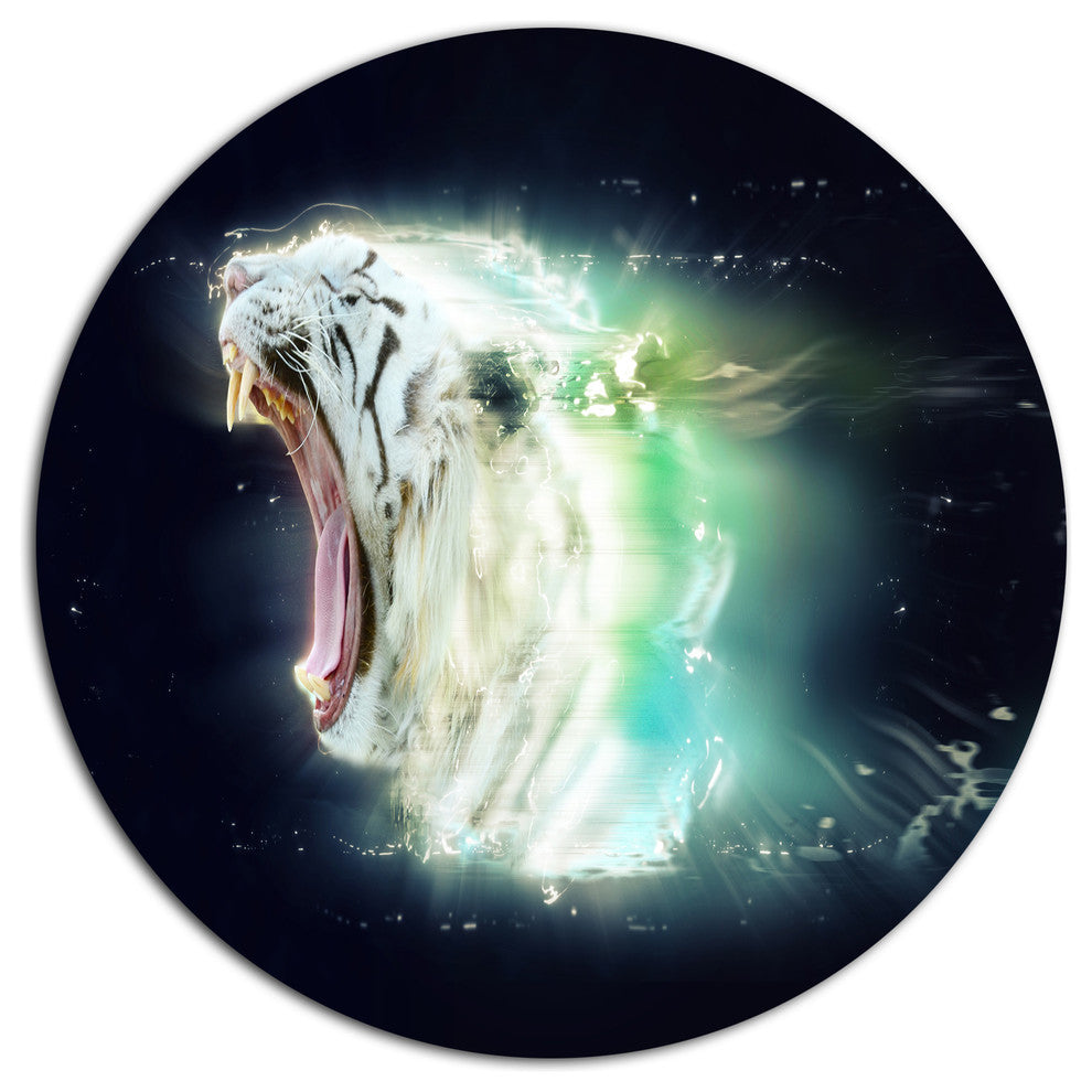 White Tiger With Open Jaws, Animal Disc Metal Wall Art, 36"