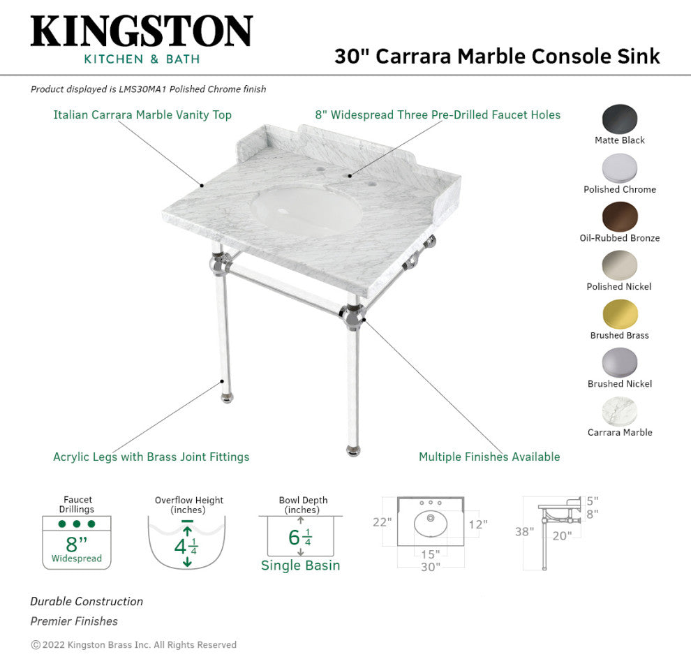 Kingston Brass LMS30MA8 30" Carrara Marble Console Sink, Acrylic Legs