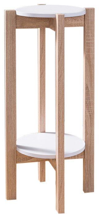 Benzara BM148923 2 Round Shelves Natural Wood Plant Stand, Light Brown & White