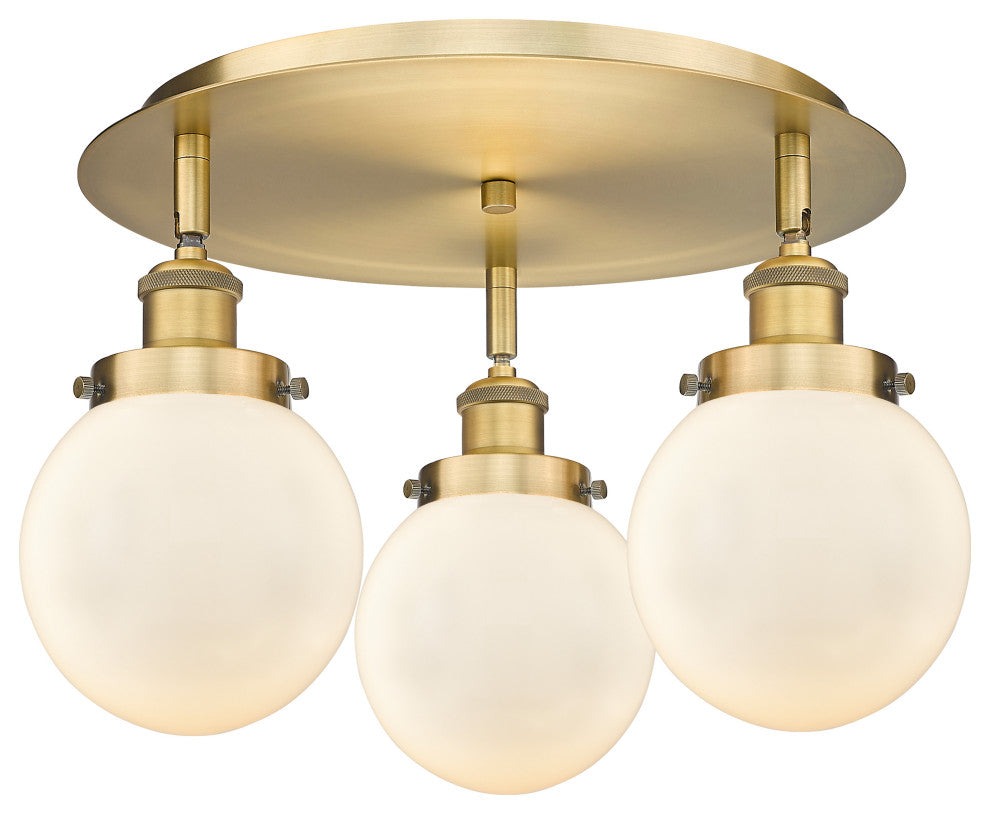 Beacon-3 Light 18" Flush Mount-Brushed Brass, Matte White Glass Shade