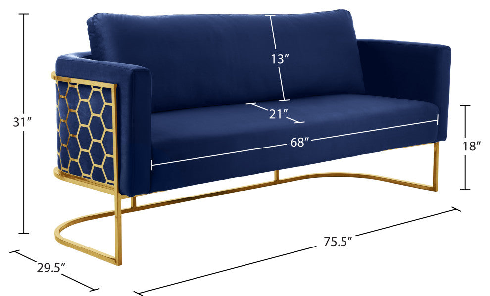 Casa Velvet Upholstered Sofa, Navy, Gold Finish