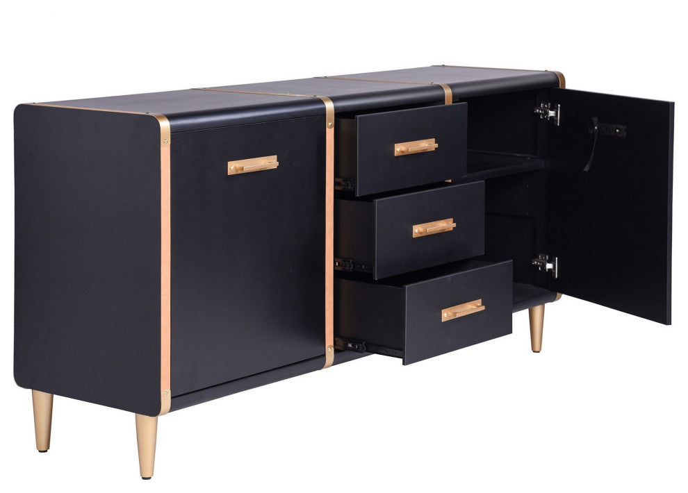Hector Three Drawer and Two Door Trunk Sideboard Matte Black, Gold Finish