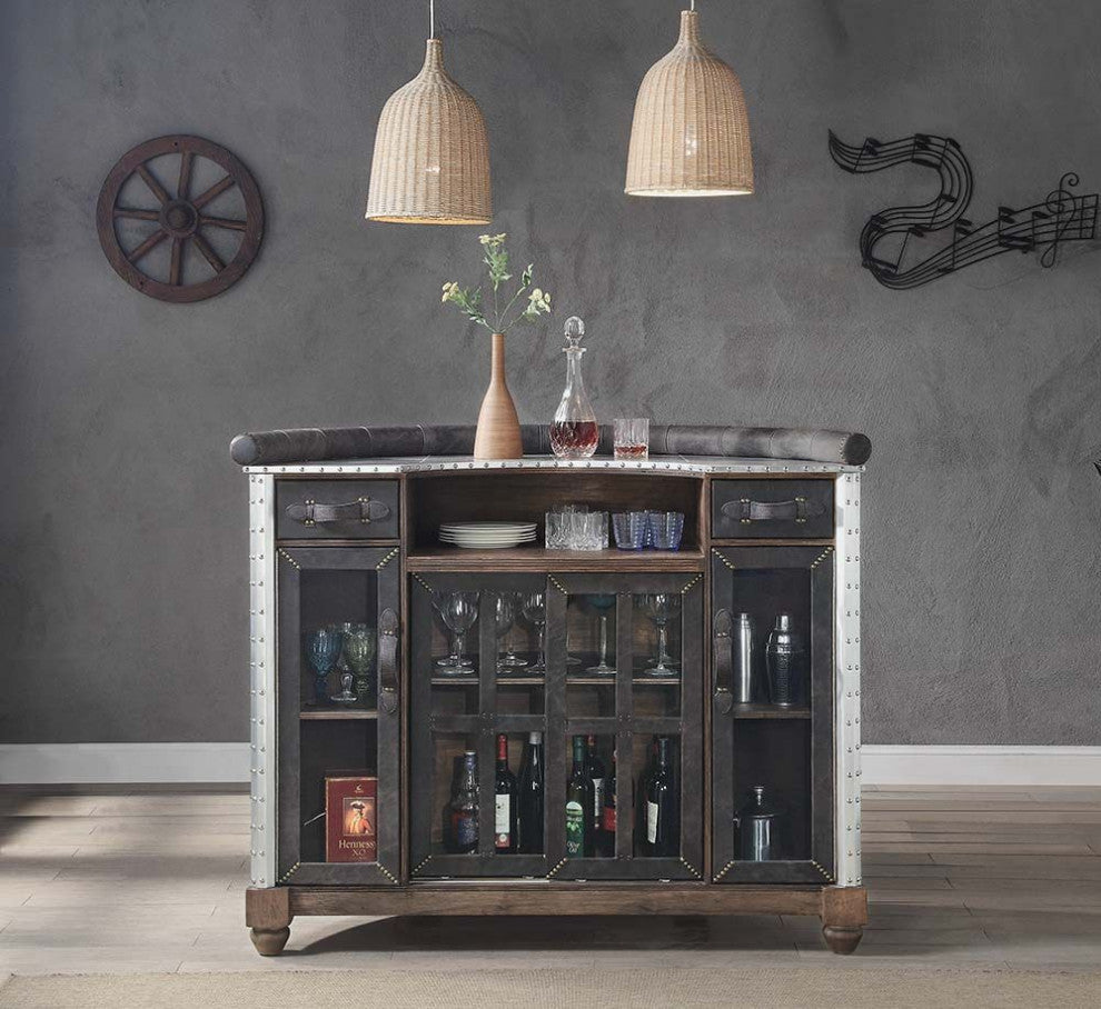 Top Grain Leather Bar Table With 2 Doors and 2 Drawers