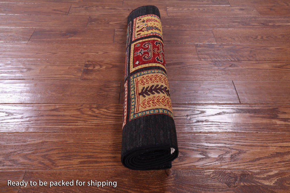 Persian Garden Design Black Hand Knotted Runner Rug 2' 6" X 6' 7" Q10681
