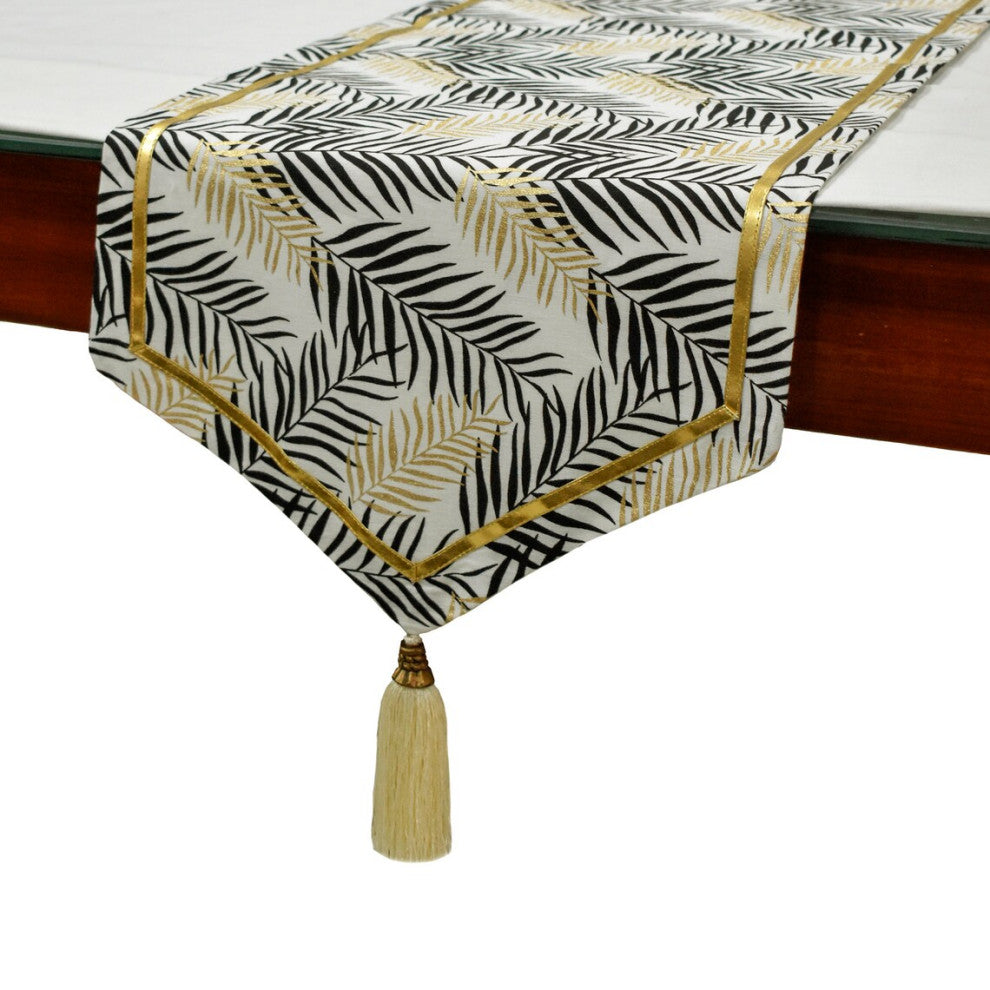 Decorative Table Runner Black Cotton 14"x48", Leaf, Gold Glitter, Tassels- Panra