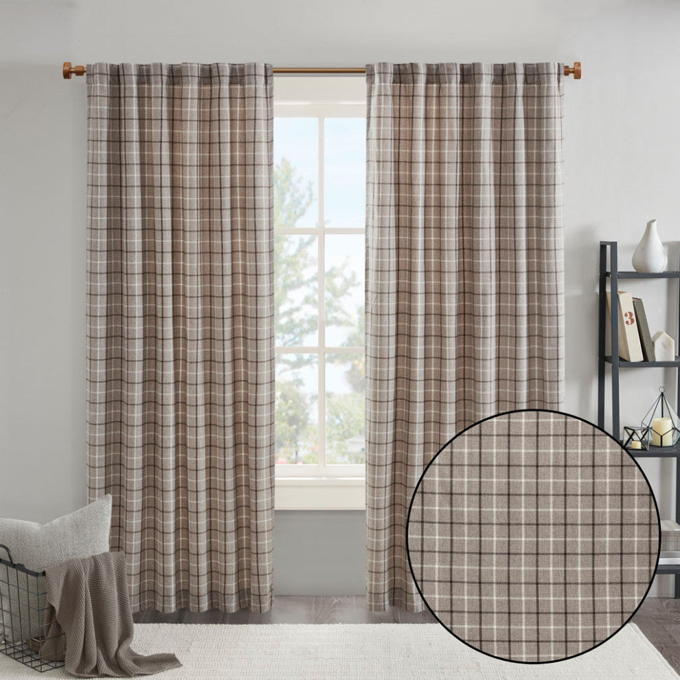 Madison Park Anaheim Plaid Window Panel with Fleece Lining, Beige, Brown, 50x95", Rod Pocket Window Panel