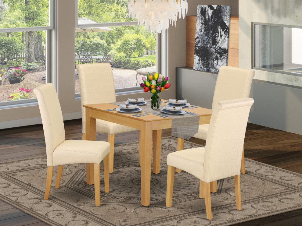 5Pc Square Table With Linen Beige Fabric Kitchen Chairs With Oak Chair Legs