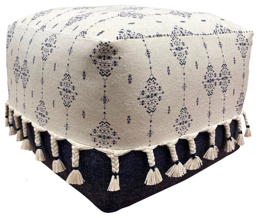 Navy and Ivory Scandinavian Ornamental Motif Pouf Ottoman