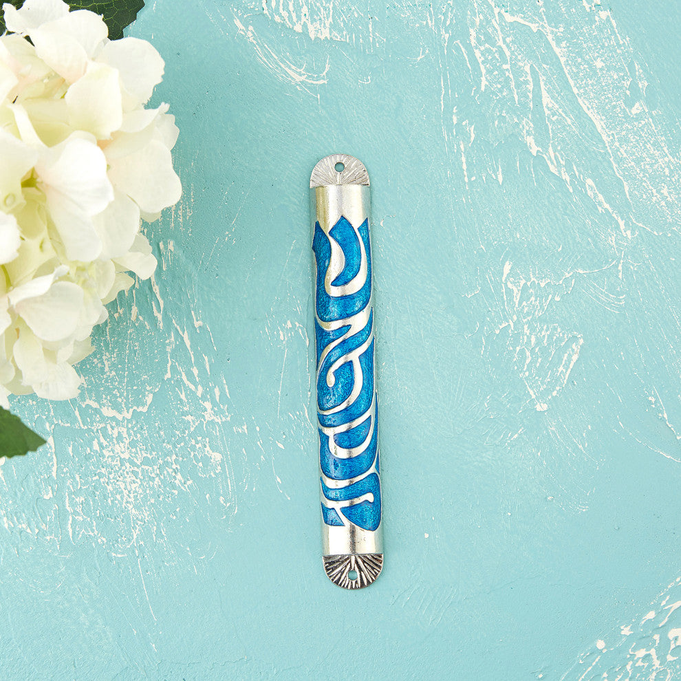 Matashi Hand Painted Blue Enamel 6'' Mezuzah