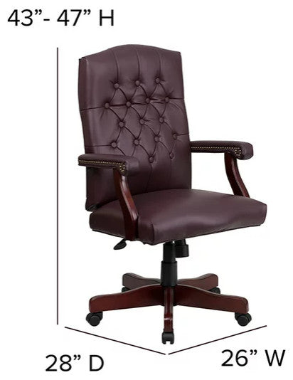 Office Chair, Button Tufted Back & Arms With Nailhead, Burgundy Faux Leather