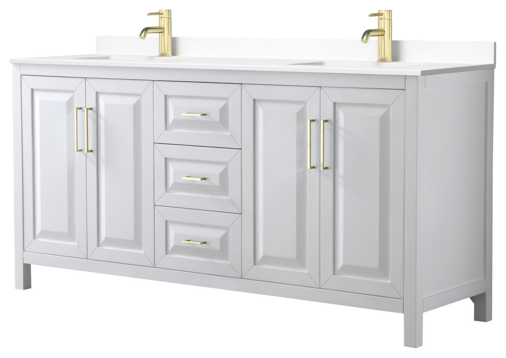 72"DBL Bath Vanity, White, White Cult. Marble Countertop, Sinks, Gold Trim