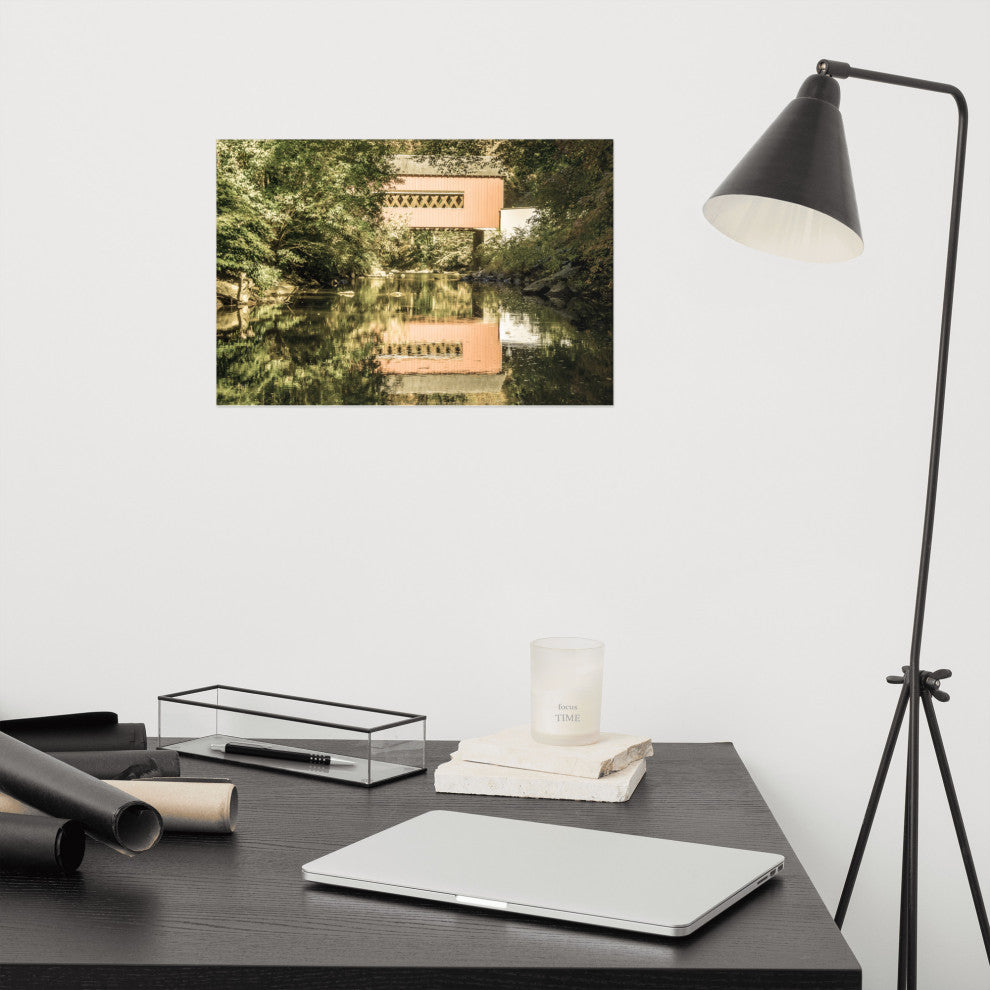 The Reflection of Wooddale Covered Bridge Aged Unframed Wall Art Print, 12" X 18"