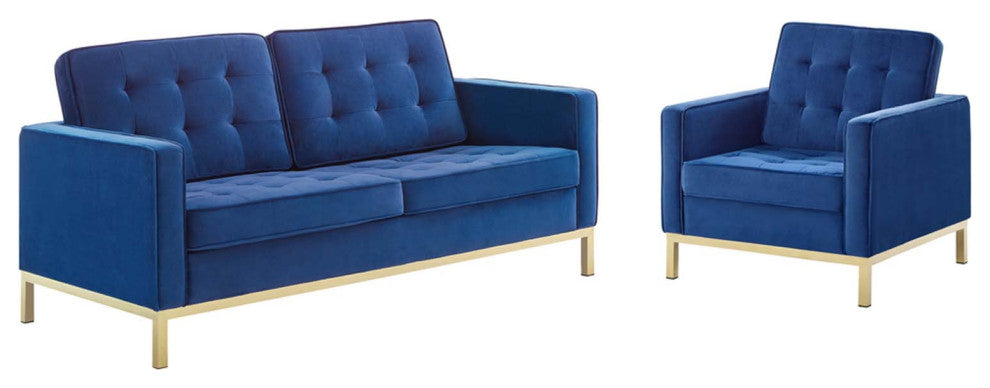 Loft Gold Steel Leg Performance Velvet Loveseat and Armchair Set Gold Navy