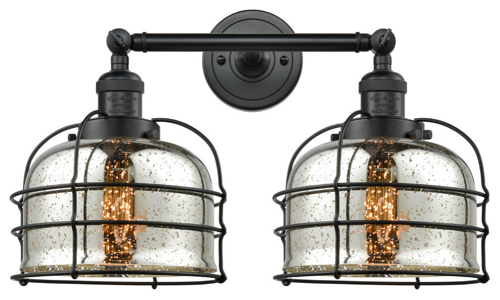 2-Light Large Bell Cage 18" Bath Fixture, Matte Black, Glass: Silver Mercury
