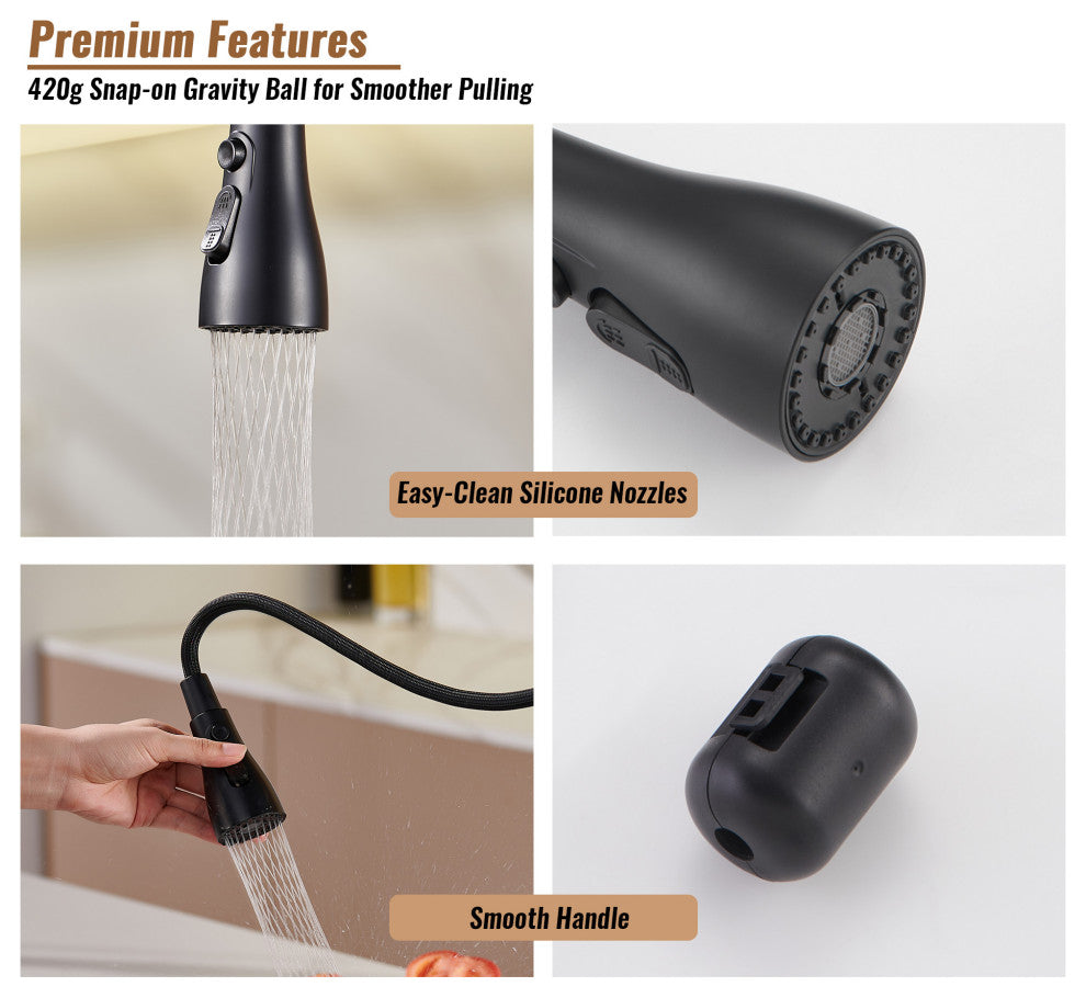 Single Handle Kitchen Sink Faucet Pull-Down Sprayer, 360 Swivel, 3 Functions, Matte Black