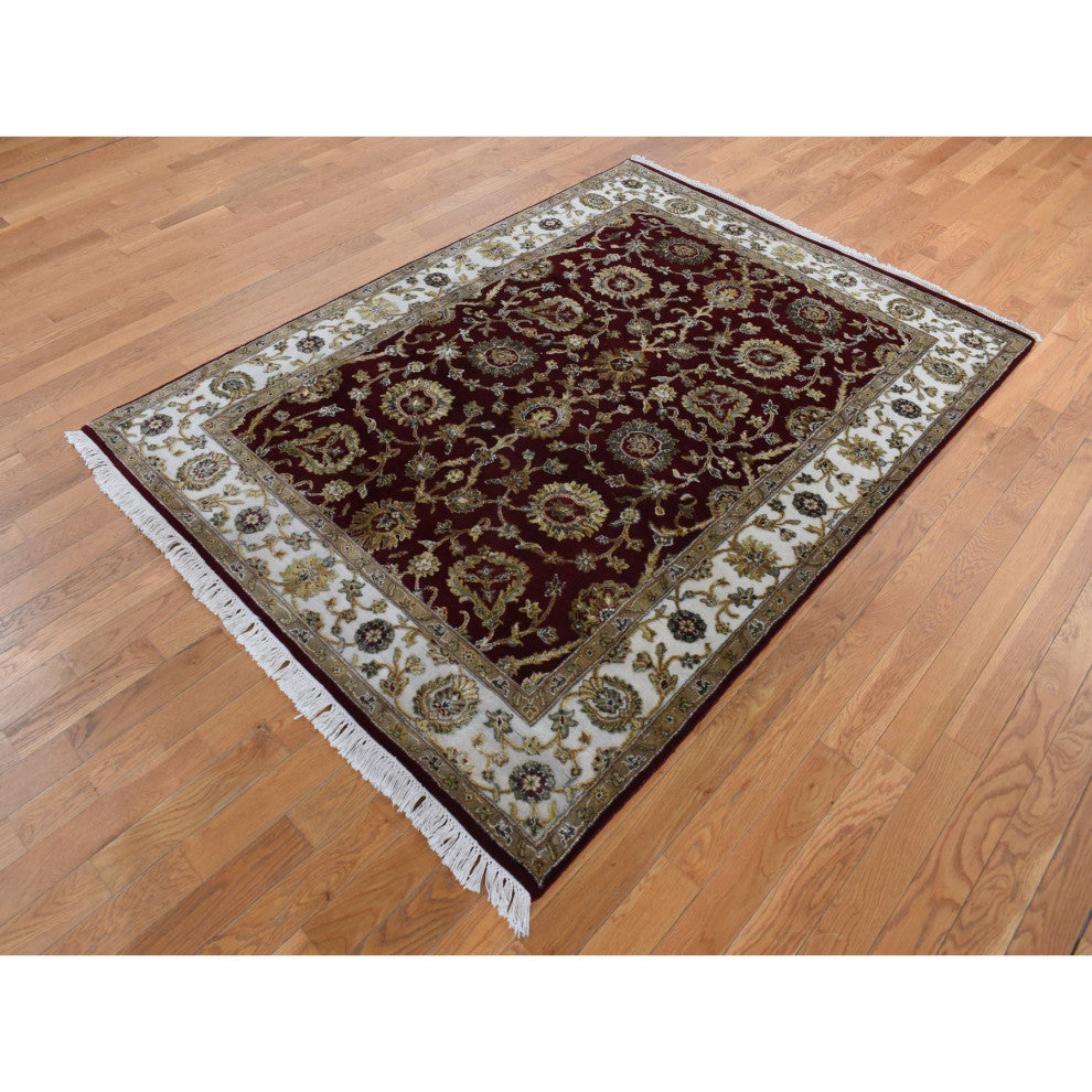 Red Rajasthan Design Half Wool and Half Silk Hand Knotted Rug 5'1" x 7'1"