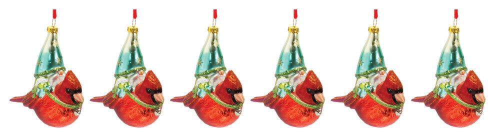 Glass Gnome and Cardinal Bird Ornament, Set of 6