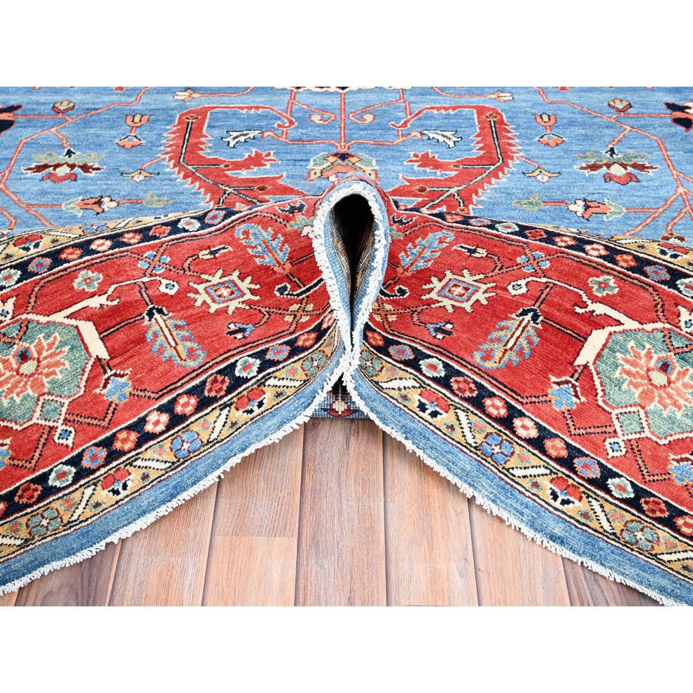 Blue, Extra Soft Wool, Afghan Peshawar, Hand Knotted, Oriental Rug, 9'x11'6"