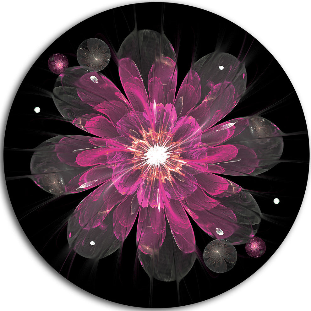 Shiny Light Pink Fractal Flower On Black, Floral Disc Artwork, 11"