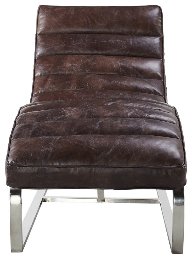 Plano Modern Channeled Leather Chaise Lounge Dark Brown Leather
